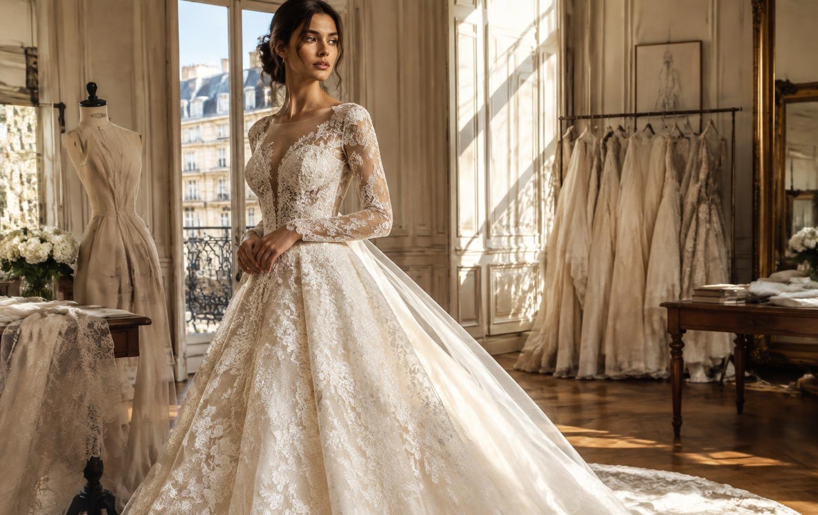 Noiva com vestido de renda sob medida no Atelier Luz